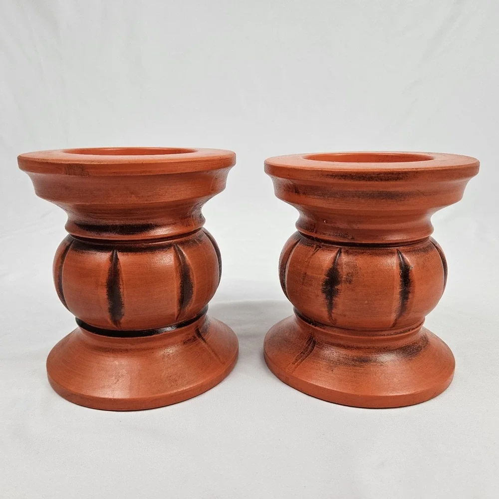 Vintage Boho Pillar Candle Holders Retro Orange Pottery 1960's Japan MCM